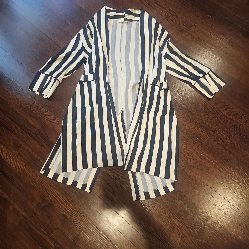 Mango Black and White Striped Trench Coat